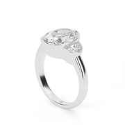White Gold Oval Cut Diamond Three Stone Engagement Ring With Half Moon  Bezel Setting